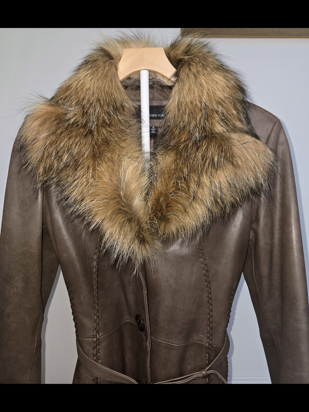 Jones Of NY Brown 100% Leather Blazer w Racoon Fur Removable Collar Women Size M